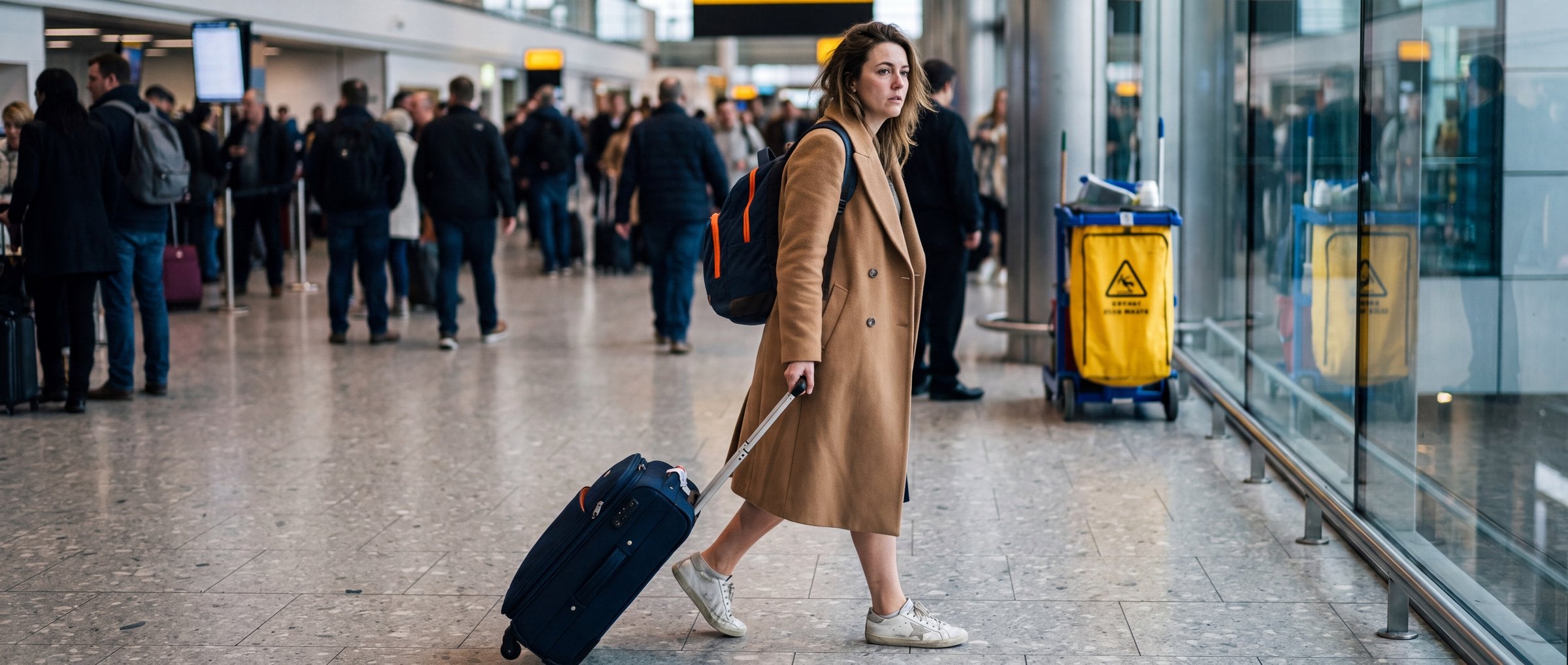 Traveller moving through a busy airport terminal